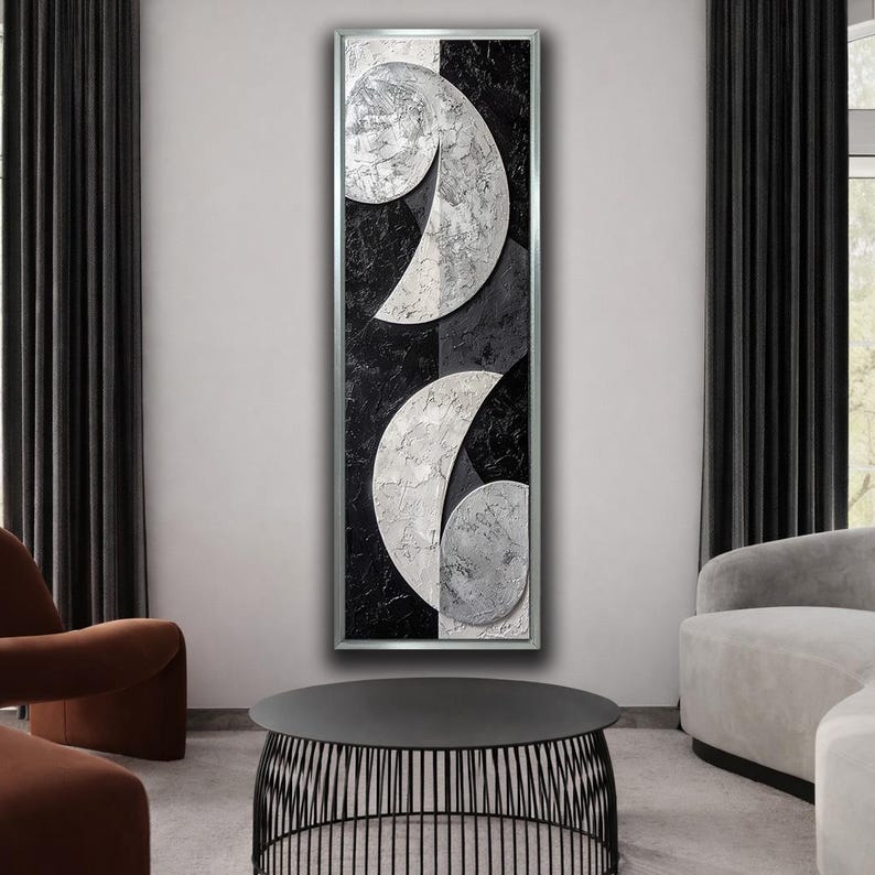 Modern Black and White Abstract Canvas Wall Art, Vertical Geometric ...