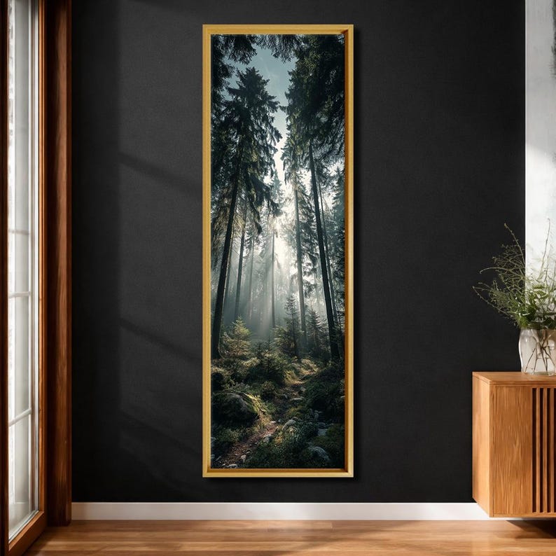 Sunlight Forest Wall Art Vertical Canvas Print, Misty Pine Trees ...