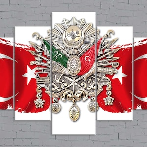 May include: A five-piece canvas print set featuring the Turkish national emblem, a stylized eagle with a crescent moon and star, surrounded by a red and white Turkish flag with a grunge effect.