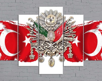 May include: A five-piece canvas print set featuring the Turkish national emblem, a stylized eagle with a crescent moon and star, surrounded by a red and white Turkish flag with a grunge effect.