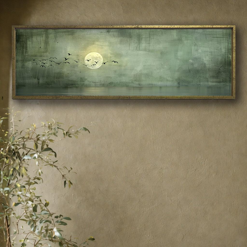 Minimalist Moon and Birds Canvas Wall Art, Abstract Serene Nature Print ...
