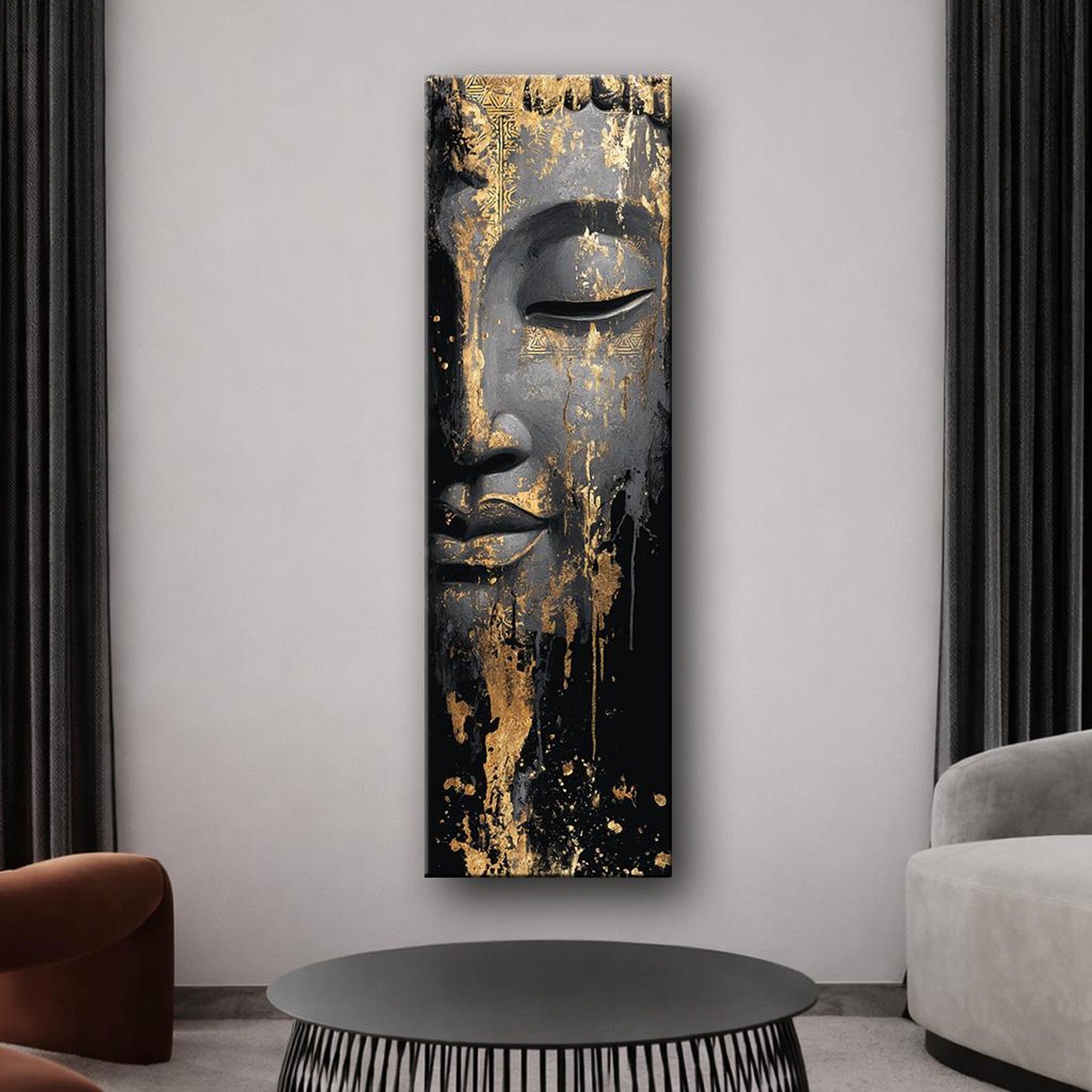 Buddha Canvas Wall Art, Black and Gold Zen Artwork, Luxury Vertical ...