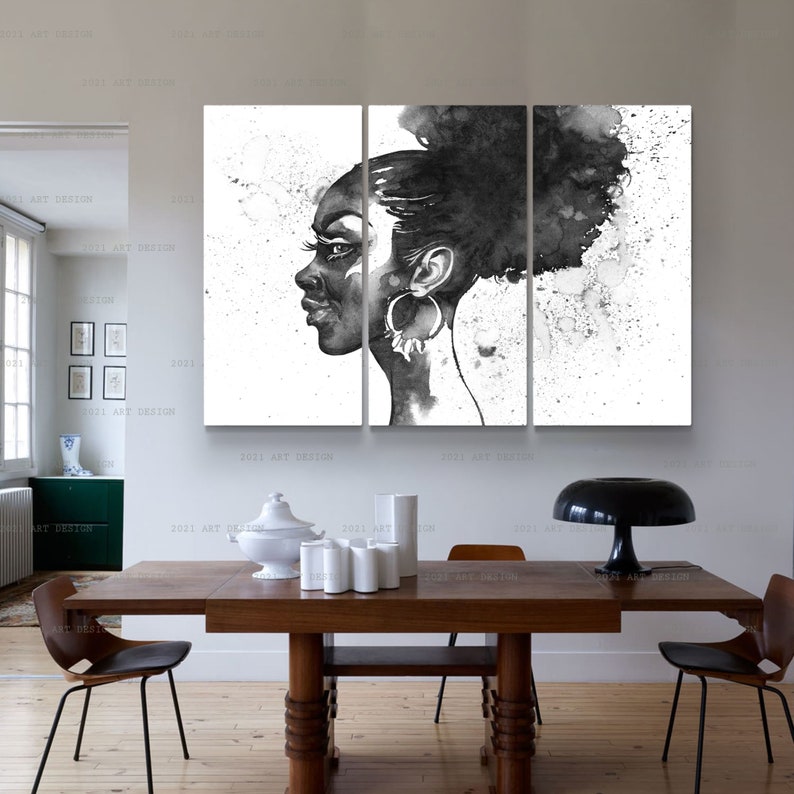 May include: A triptych canvas art print featuring a black and white watercolor portrait of a woman in profile. The artwork showcases the woman's face, hair, and large hoop earrings. The background has ink splatter effects. The text "2021 ART DESIGN" is visible.