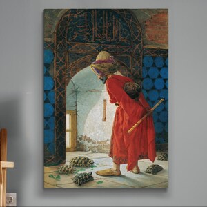May include: A painting of a man in a red robe and a turban standing in a doorway with blue and white tiled walls. He is holding a staff and looking at a group of turtles on the floor.