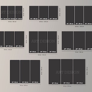 May include: A diagram showing different sizes of canvas prints, with measurements in inches and centimeters. The diagram shows three-panel canvas prints in various sizes, including 12x30 inches, 14x40 inches, 16x40 inches, 20x50 inches, and 24x60 inches. The text "ART DESIGN" appears in the diagram.