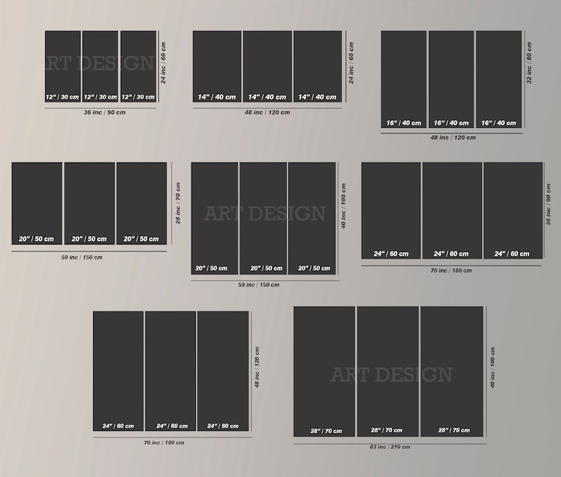 May include: A diagram showing different sizes of canvas prints, with measurements in inches and centimeters. The diagram shows three-panel canvas prints in various sizes, including 12x30 inches, 14x40 inches, 16x40 inches, 20x50 inches, and 24x60 inches. The text "ART DESIGN" appears in the diagram.