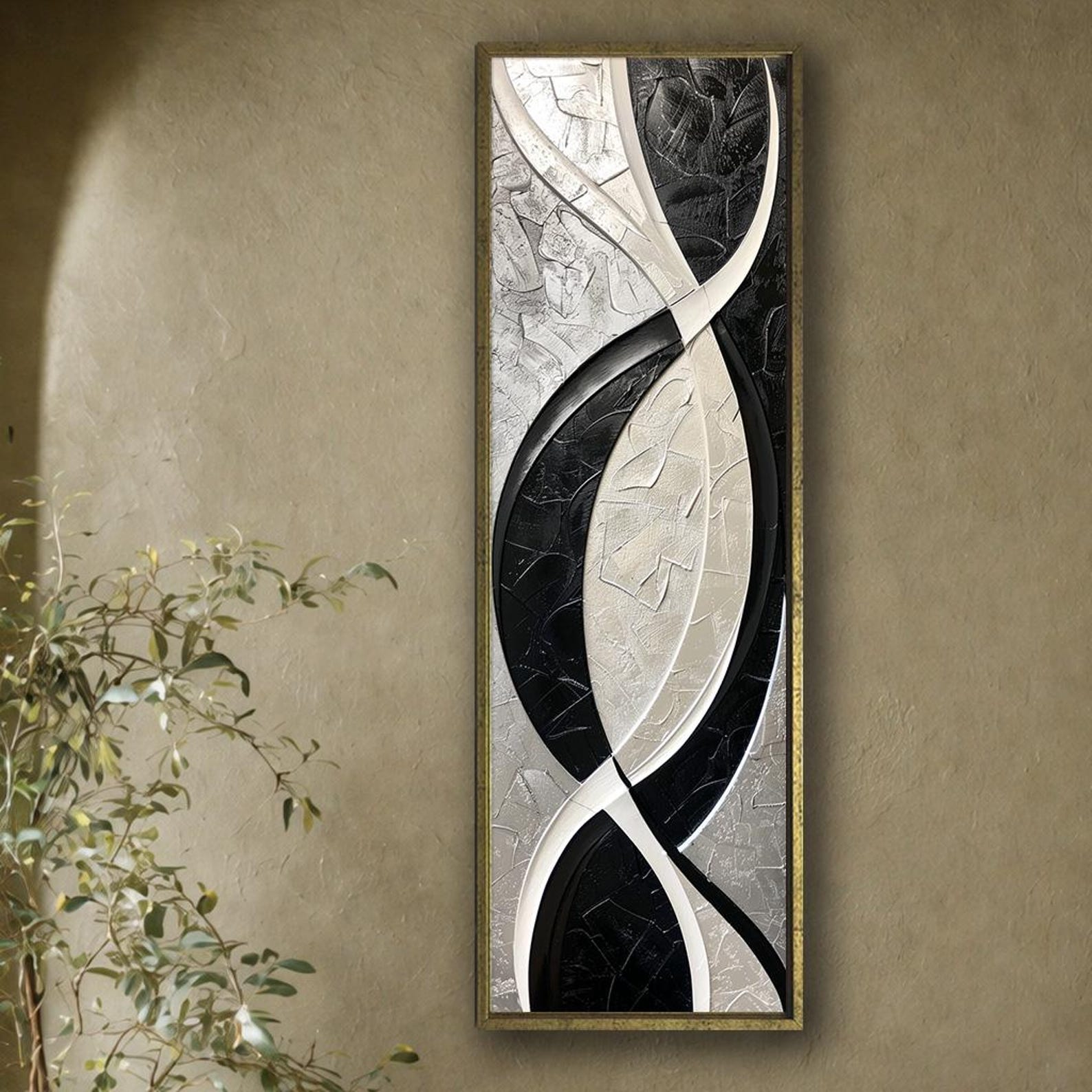 Black and White Abstract Canvas Wall Art, Vertical Modern Geometric ...