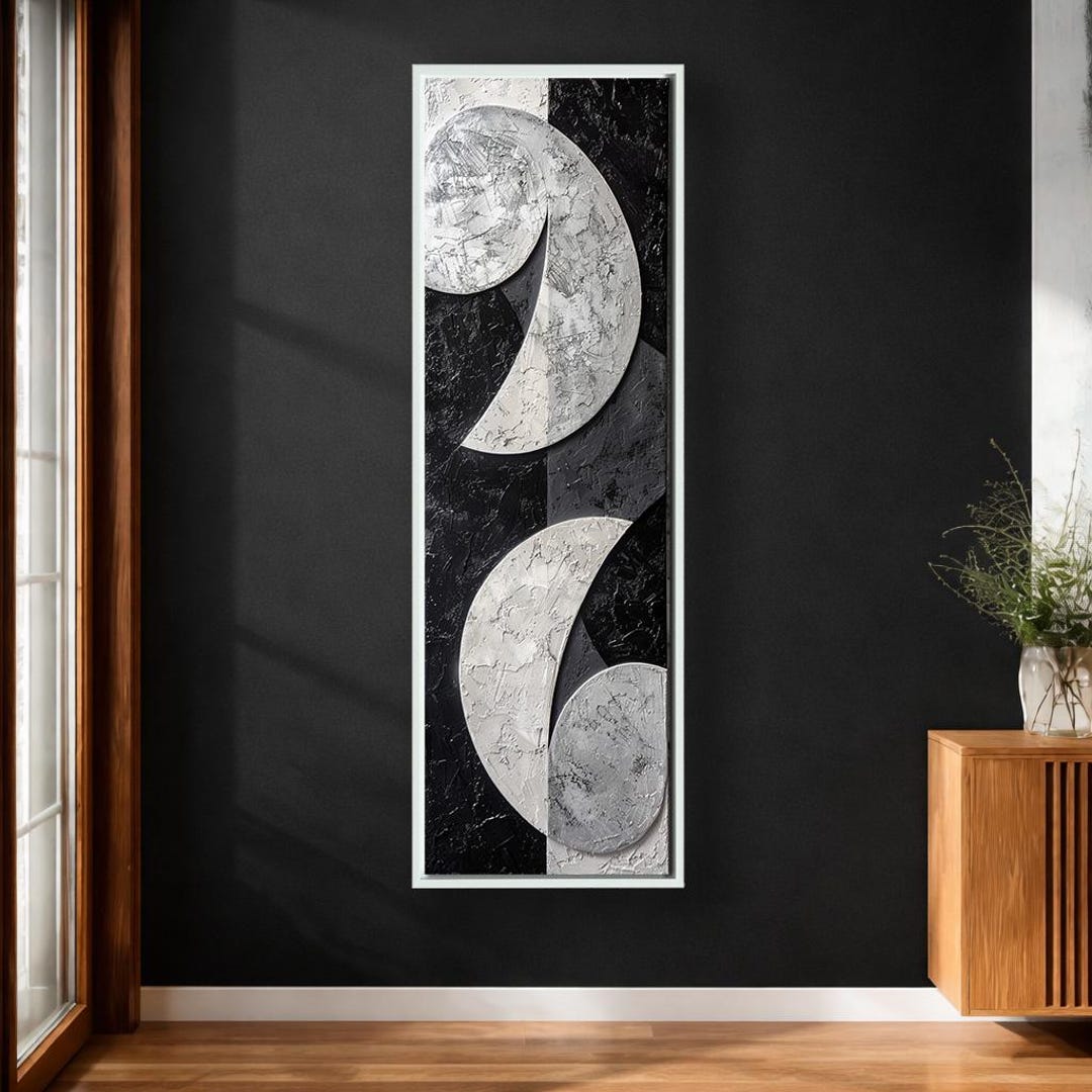 Modern Black and White Abstract Canvas Wall Art, Vertical Geometric ...