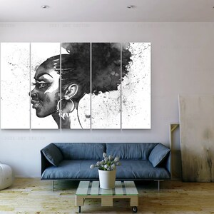 May include: Black and white artwork of a woman's profile, rendered in a watercolor style. The artwork is split across five panels, creating a large wall display. The woman has large hoop earrings and her hair is styled in a voluminous updo.