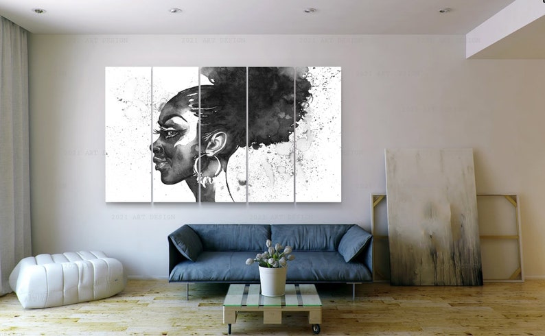 May include: Black and white artwork of a woman's profile, rendered in a watercolor style. The artwork is split across five panels, creating a large wall display. The woman has large hoop earrings and her hair is styled in a voluminous updo.