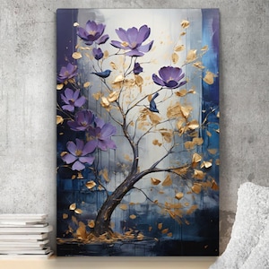 Tree Canvas Wall Art, Abstract Tree Print, Large Wall Art, Minimalist Floral Landscape Art, Living Room Home Decor, Tree Art, purple canvas