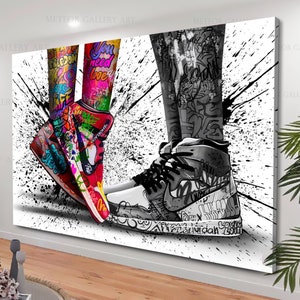 Schuhe Graffiti Leinwand Kunst, Liebe in Jordan Schuhe, Liebe Graffiti Kunst, Bunte Leinwand Kunst, Pop Art Turnschuhe Leinwanddruck, Jordan Liebes Paar