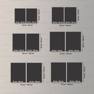 May include: Six sets of two-panel wall art are shown, with dimensions in inches and centimetres. Each artwork is a solid dark colour, with the dimensions clearly labelled. The text "METEOR GALLERY ART" is visible.