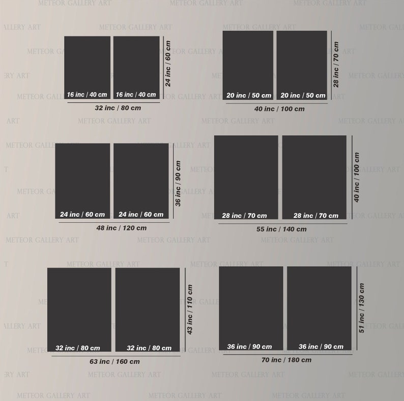 May include: Six sets of two-panel wall art are shown, with dimensions in inches and centimetres. Each artwork is a solid dark colour, with the dimensions clearly labelled. The text "METEOR GALLERY ART" is visible.