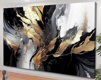 Black Gold Marble Canvas, Luxury Wall Art, Abstract Wall Decor, Black Yellow Abstract, Abstract art, Oversize Canvas Art, Contemporary Art