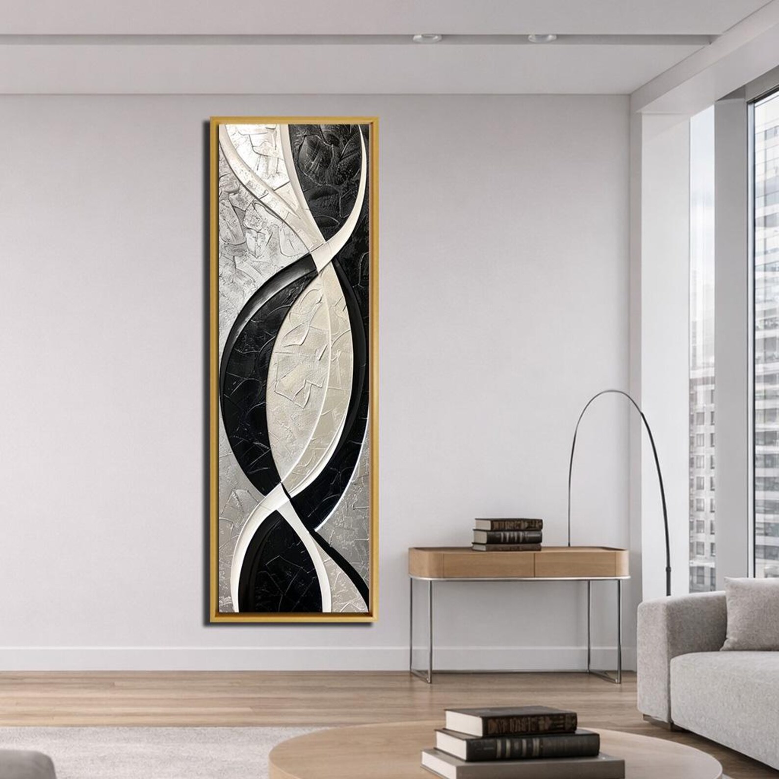 Black and White Abstract Canvas Wall Art, Vertical Modern Geometric ...