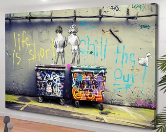 Graffiti Wall Art, BANKSY Life is Short Chill Canvas, Children Peeing on the Wall, Modern Street Graffiti art, Banksy Wall Art Trendy canvas