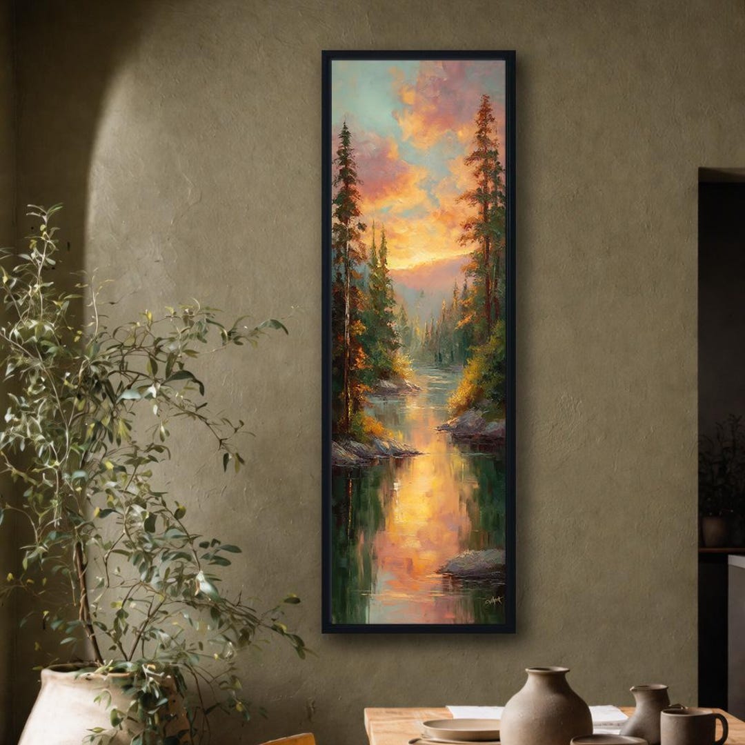 Sunset Forest River Canvas Wall Art, Vertical Landscape Painting Print ...