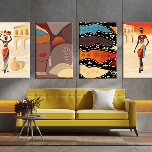 Vector Estilo minimalista, con mujer africana en turbante, carteles abstractos, cerámica, jarrón, jarras, plantas, formas abstractas, paisaje, arte contemporáneo