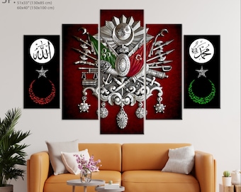May include: A five-piece canvas print set featuring a silver Ottoman coat of arms with a red background. The coat of arms includes a crescent moon, a star, and a sword. The set also includes two black canvases with a white crescent moon and star, and the Arabic words "Allah" and "Muhammad" in white.