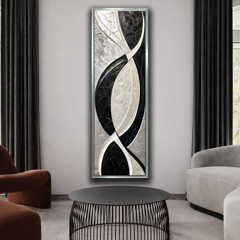 Black and White Abstract Canvas Wall Art, Vertical Modern Geometric ...
