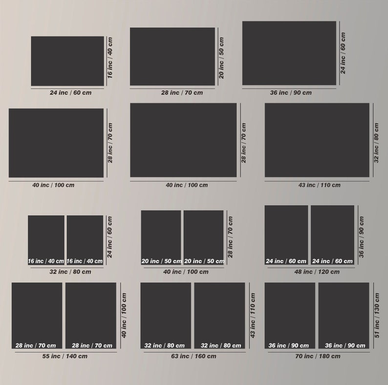 May include: A chart showing different sizes of black canvas prints in inches and centimeters. The chart shows the dimensions of the canvas prints in both inches and centimeters. The chart is organized by the size of the canvas print, with the smallest size at the top and the largest size at the bottom.