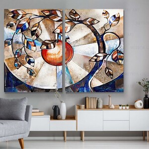 Abstract Tree in Blue Red Yellow Color Wall art, Stylized tree and apple Modern Art illustration Abstract Background Canvas Print Wall Decor