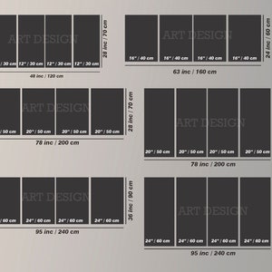 May include: A chart showing different sizes of canvas prints, with the text "ART DESIGN" in the center of each canvas. The chart shows the dimensions in inches and centimeters, with the largest size being 48 inches by 120 centimeters.