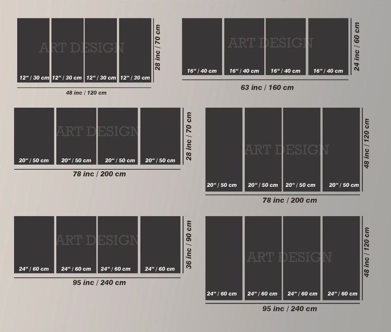 May include: A chart showing different sizes of canvas prints, with the text "ART DESIGN" in the center of each canvas. The chart shows the dimensions in inches and centimeters, with the largest size being 48 inches by 120 centimeters.