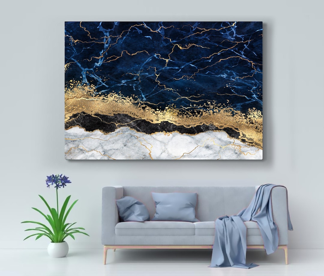 Blue Yellow Grey Abstract Canvas Print, Abstract Wall Art, Blue ...