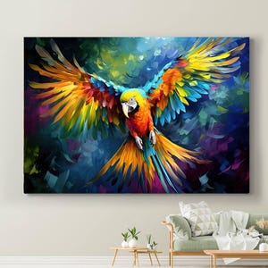 Papagei Leinwanddruck, Papageien Wandbild, Papagei Leinwand, Papagei Gemälde, Bunt Kunst, Tropische bunte Vögel fliegen, Leinwand Kunst Dekor