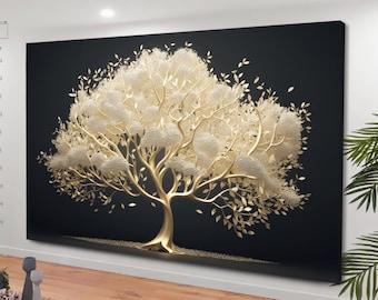 Lienzo de árbol para pared, impresión abstracta de árbol, arte mural grande, paisaje floral minimalista original, decoración para sala de estar, arte de árbol amarillo