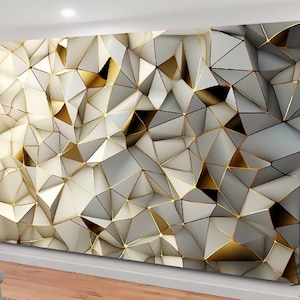 Arte astratta geometrica, astrazione lussuosa di linee bianche, riflessi dorati e forme geometriche, tela astratta, arte da parete bianca e gialla