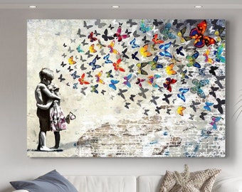 Arte callejero de Banksy, arte mural de Banksy, arte mural de amor, arte de mariposas coloridas, arte mural de grafiti, arte de niño y niña de Banksy, arte mural en lienzo