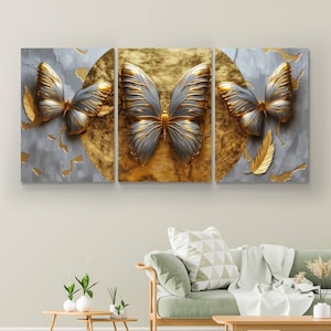 Quadro su tela raffigurante una farfalla, dipinto di una farfalla, quadro su tela raffigurante una farfalla dorata, quadro raffigurante una farfalla giallo-grigia, decorazione a forma di farfalla, farfalle astratte