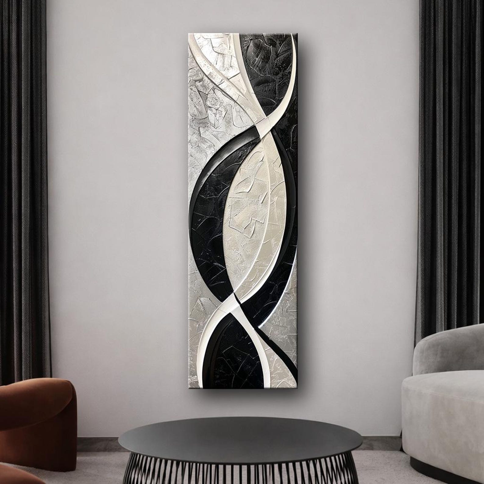 Black and White Abstract Canvas Wall Art, Vertical Modern Geometric ...