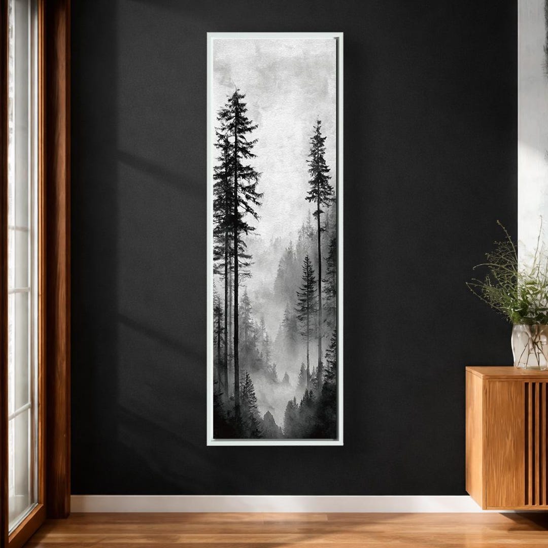 Misty Forest Canvas Wall Art, Black and White Vertical Landscape Print ...