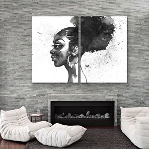 May include: A two-panel black and white artwork depicting a woman's profile. The artwork features a detailed rendering of her face, large hoop earrings, and a textured hairstyle. The background has abstract ink splatters, creating a dramatic effect. The artwork is displayed above a fireplace.