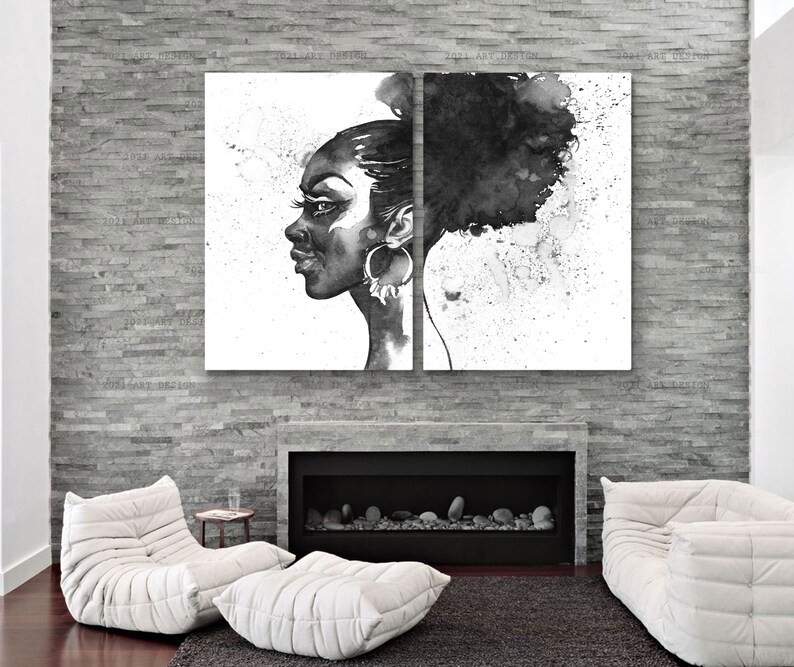 May include: A two-panel black and white artwork depicting a woman's profile. The artwork features a detailed rendering of her face, large hoop earrings, and a textured hairstyle. The background has abstract ink splatters, creating a dramatic effect. The artwork is displayed above a fireplace.