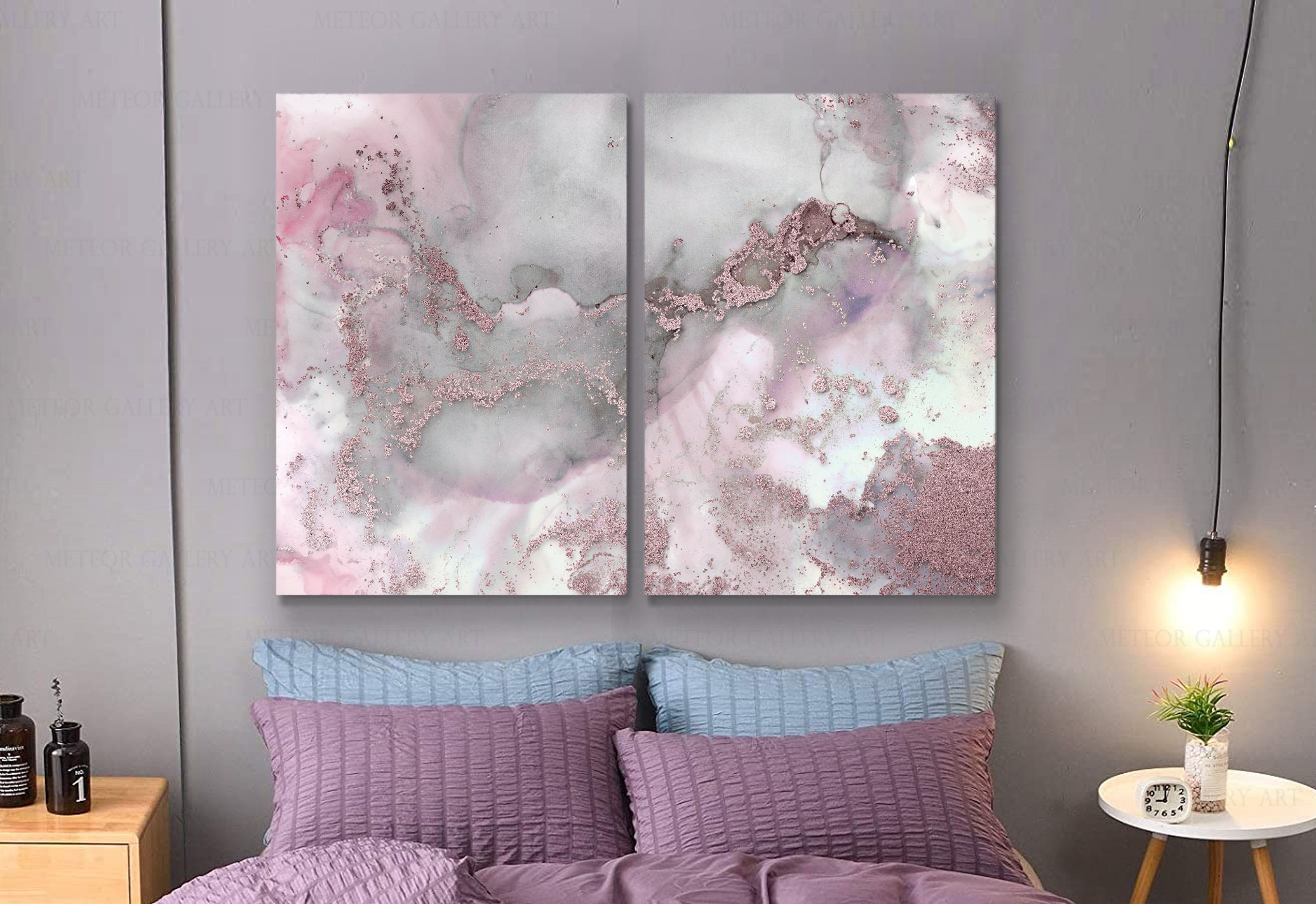 High End Abstract Flower Magenta Pink Gold Accent Stroke Navy Alcohol Paint  Effect Giclee Canvas Pop Art Wall Decor 