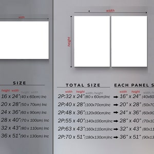 May include: Image showing size options for canvas art. Displays dimensions in inches and centimeters for single and two-panel pieces. Includes sizes like 16 x 24 inches, 20 x 28 inches, and up to 36 x 51 inches.