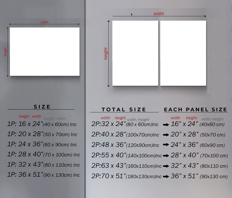 May include: Image showing size options for canvas art. Displays dimensions in inches and centimeters for single and two-panel pieces. Includes sizes like 16 x 24 inches, 20 x 28 inches, and up to 36 x 51 inches.