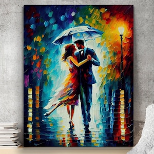 Lienzo romántico, arte mural de pareja, arte mural colorido, lienzo de mujer y hombre, pintura de amantes, arte mural en lienzo, amantes bajo un paraguas, arte moderno