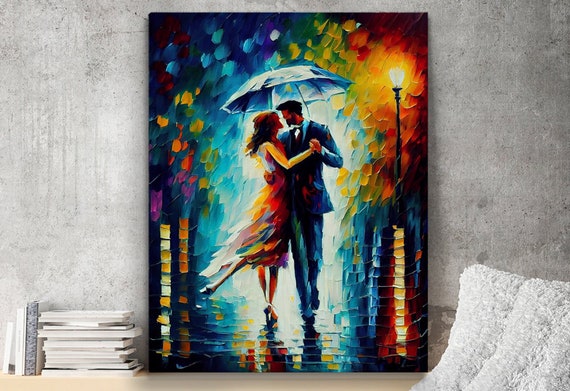 Romantic canvas, Couple Wall Art, colorful Wall Art, Woman Man Canvas, Lovers Painting, Canvas Wall Art, lovers under umbrella, modern art