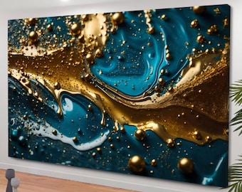 Arte mural abstracto, abstracto de mármol azul, lienzo de mármol azul y amarillo, arte mural de lujo, decoración abstracta, lienzo de gran tamaño, arte contemporáneo