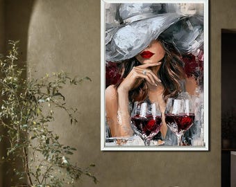 Woman with Hat Canvas Print, Red Wine Wall Art, Elegant Lady Red Lips Decor, Glam Bar Decor, Modern Oil Painting Print
