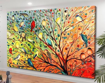 27 Birds Art Print, Birds Canvas Art, Colorful Wall Art, Colorful Bird Print, Animal Canvas, Jennifer Lommers art, Living Room Decor, canvas