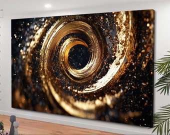 Lienzo abstracto dorado, arte mural con remolinos dorados, lienzo de mármol negro y dorado, pintura de círculo amarillo, decoración de pared para el hogar, lienzo de gran tamaño.