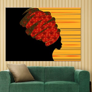 Retrato de hermosa mujer africana en hiyab tradicional, envoltura de cabeza áfrica en la ciudad, estampado dashiki tradicional, mujer afro negra, silueta