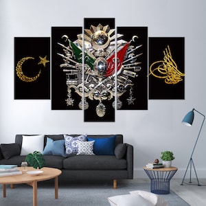 May include: A five-piece canvas print set featuring a detailed depiction of the Ottoman Empire's coat of arms. The coat of arms is a complex design with a crescent moon, star, and various symbols, all rendered in gold and silver against a black background.